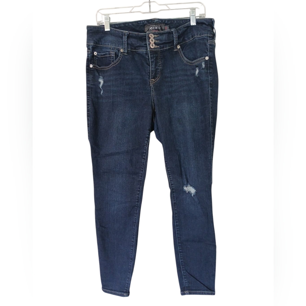 Torrid Dark Wash Skinny Jeggings With Light Distress Size 14 Short